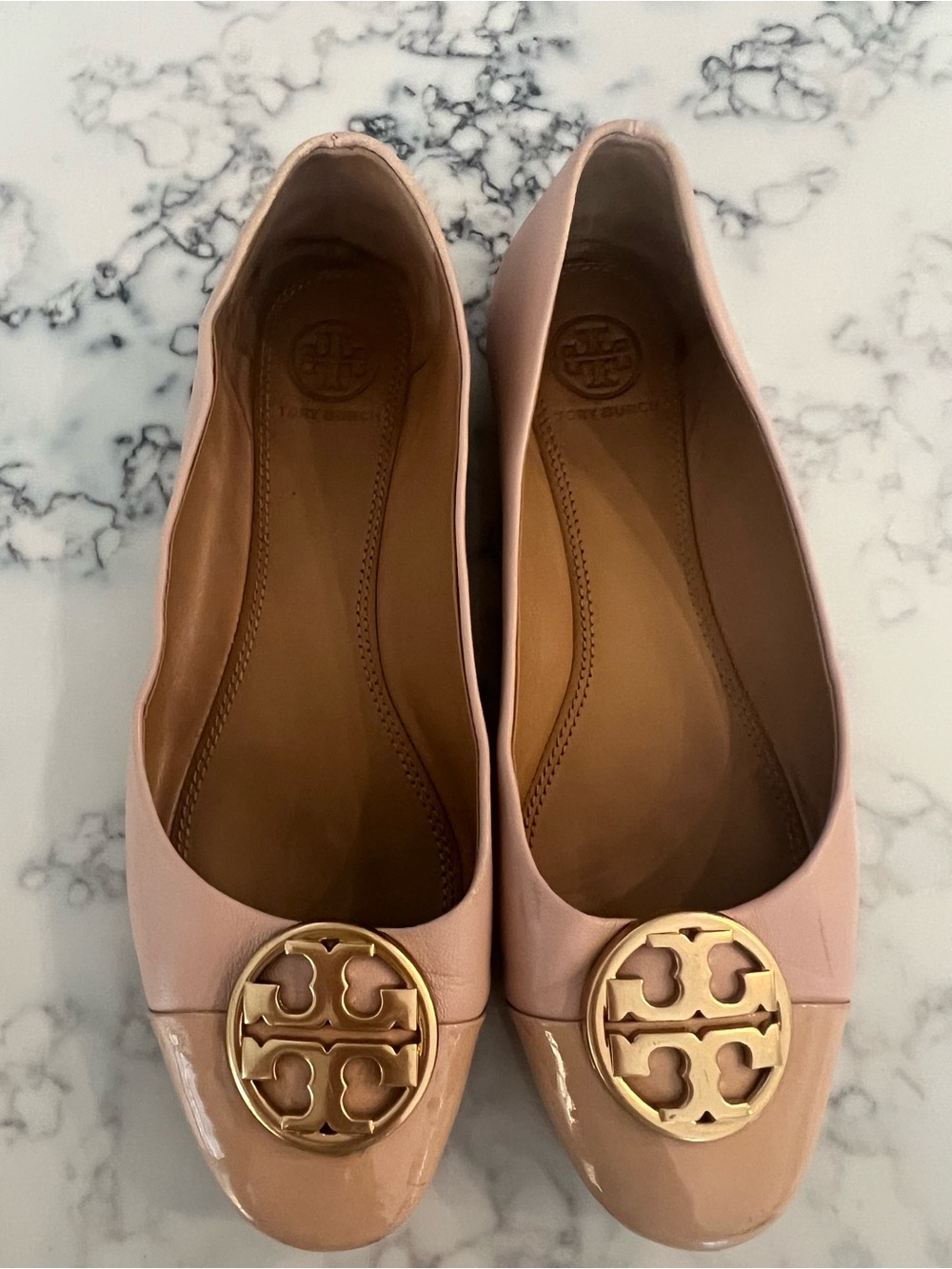 Tory Burch Blush Nude Leather Ballet Flats with Gold Logo Size 6